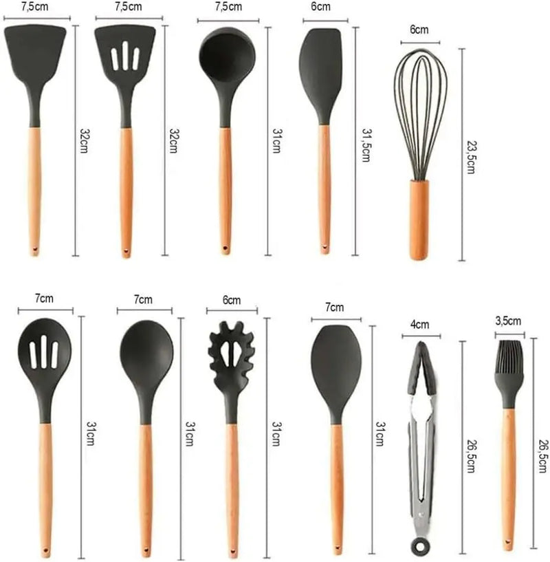 Jogo Kit com 12 Peças Utensílios De Cozinha Colheres Espátula Silicone Cabo Madeira Decoração Diversas Cores - Envio Imediato