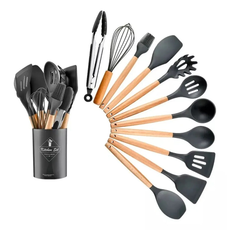 Jogo Kit com 12 Peças Utensílios De Cozinha Colheres Espátula Silicone Cabo Madeira Decoração Diversas Cores - Envio Imediato